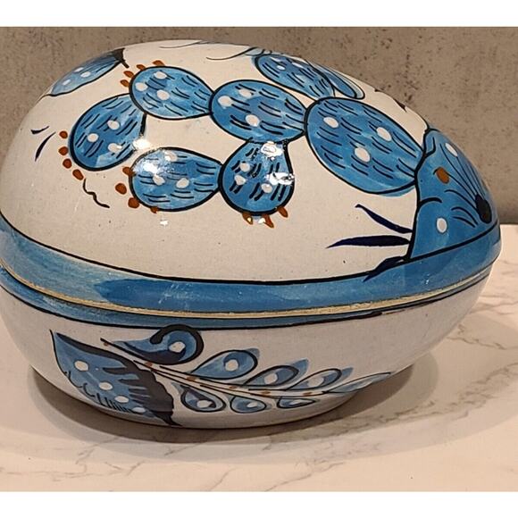 Tonala Pottery 5" Egg Shaped Trinket Box Hand Painted Blue Bird Folk Art Mexico - Picture 7 of 15